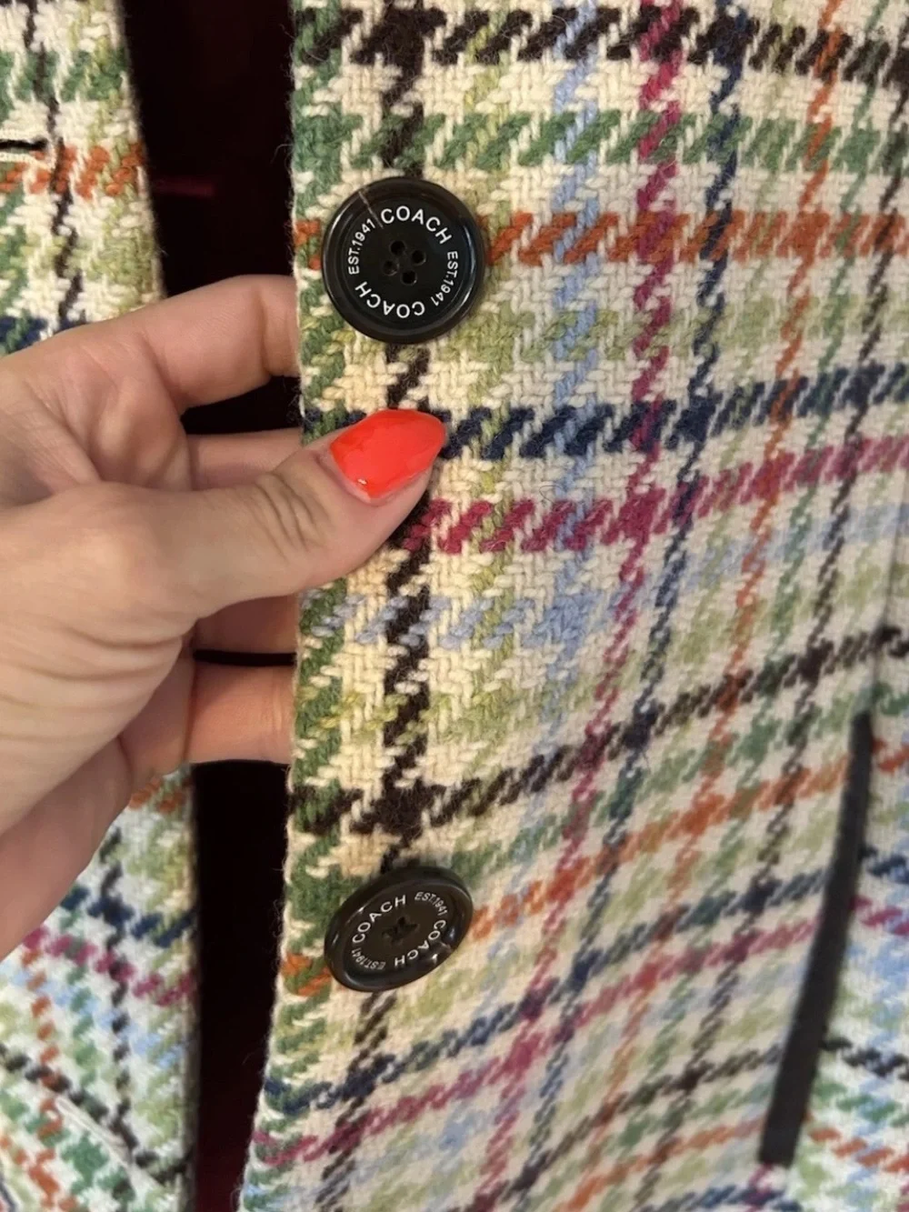 Coach Tattersall Hampton Tweed Plaid Rainbow Houndstooth Wool Pea Coat Jacket XS